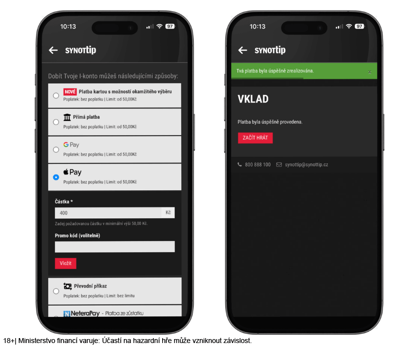 Postup vkladu peněz v&nbsp;online casinu SYNOT TIP přes Apple Pay
