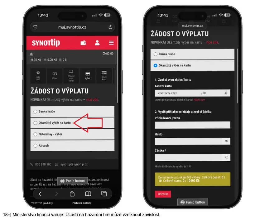 SYNOT TIP okamžitý výběr na kartu