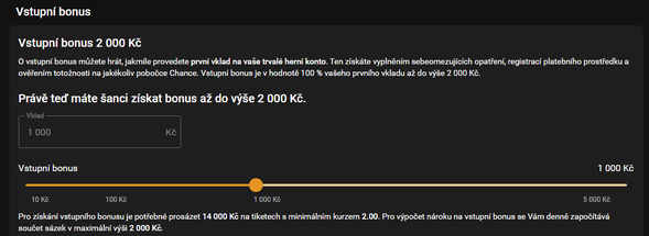 Výpočet pro Chance bonus 1&nbsp;000&nbsp;Kč na sázky