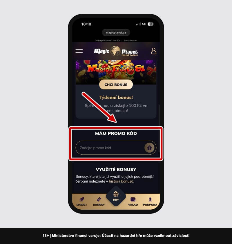 Magic Planet promo kód – kolonka pro zadání kódu