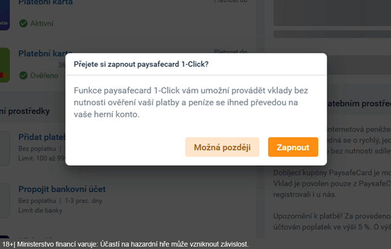 Funkce PaysafeCard 1-Click u Tipsportu