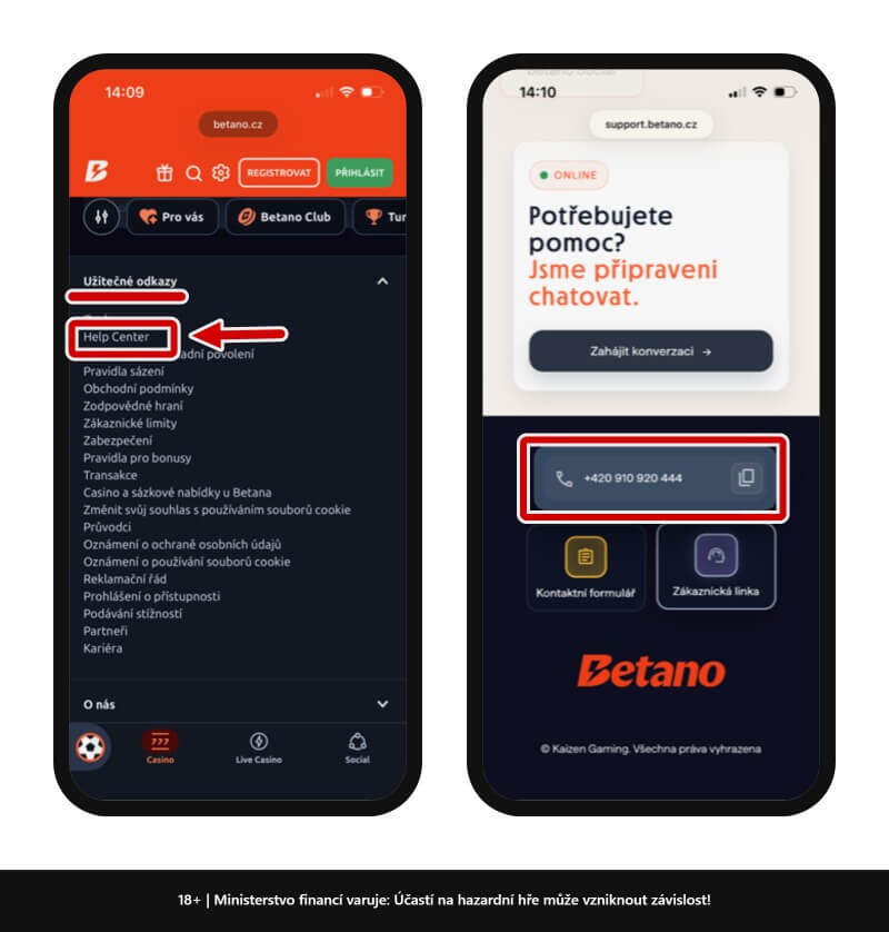Betano telefonní číslo