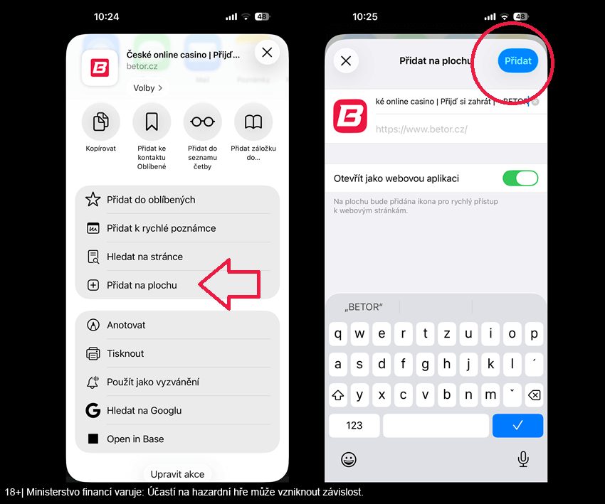 Přidejte si ikonu online casina Betor na plochu svého zařízení