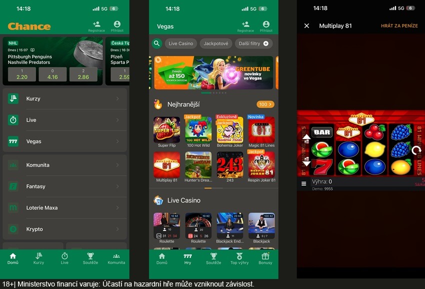 V aplikaci Chance je k dispozici kurzové sázení, online casino nebo třeba loterie od Maxy