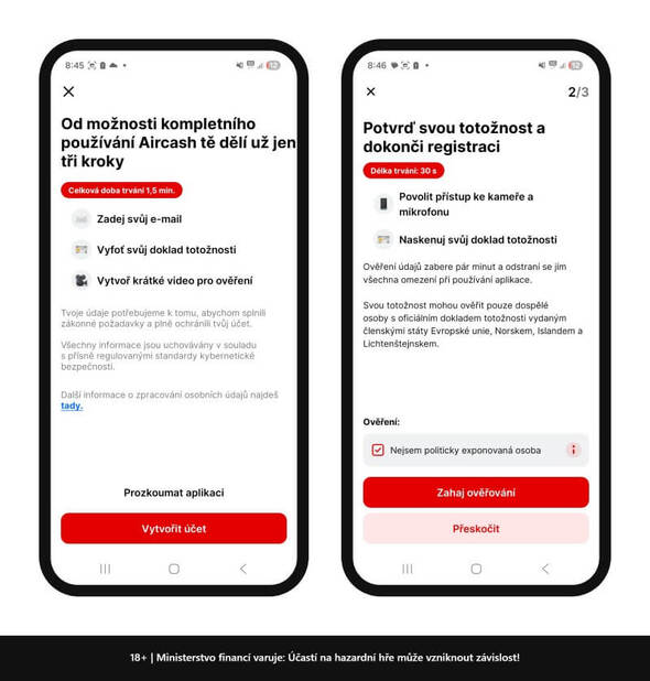 Založení Aircash účtu přes aplikaci v&nbsp;telefonu
