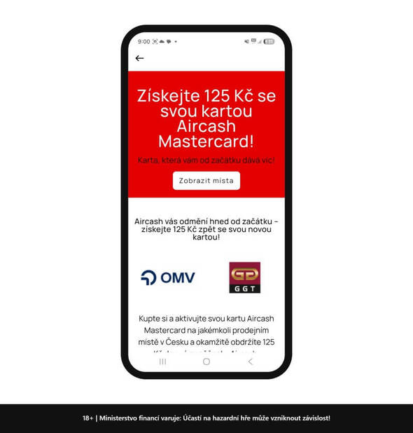 Aircash cashback bonus 125&nbsp;Kč za kartu Mastercard