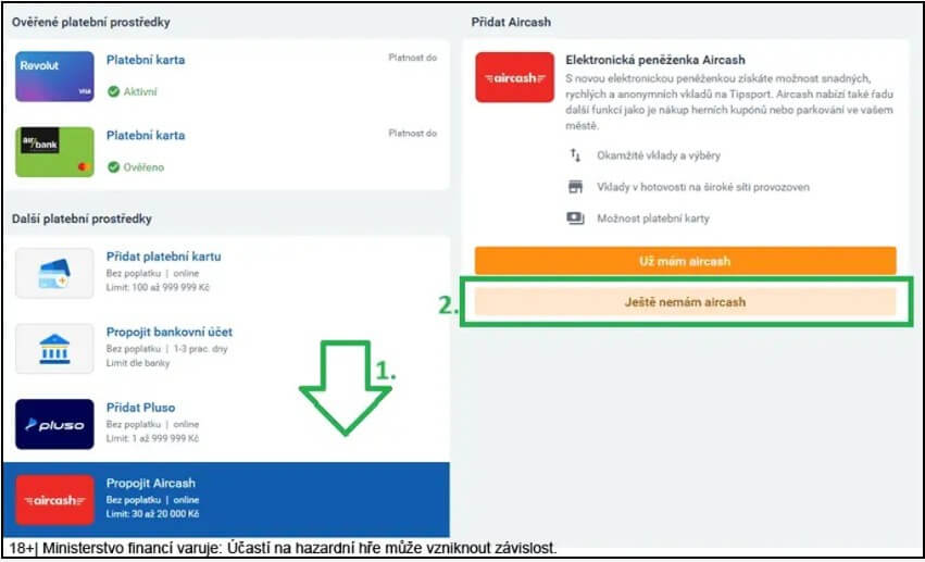 Jak přidat Aircash jako platební metodu u Tipsportu
