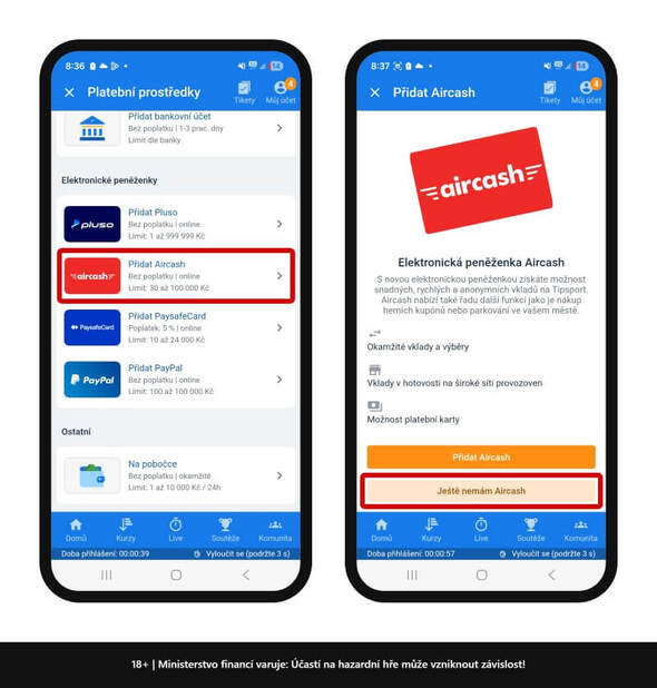 Dobití Tipsport účtu přes Aircash peněženku na mobilu