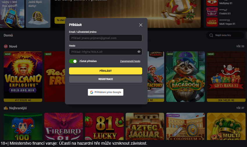 Okénko pro přihlášení v&nbsp;online casinu Fortuna