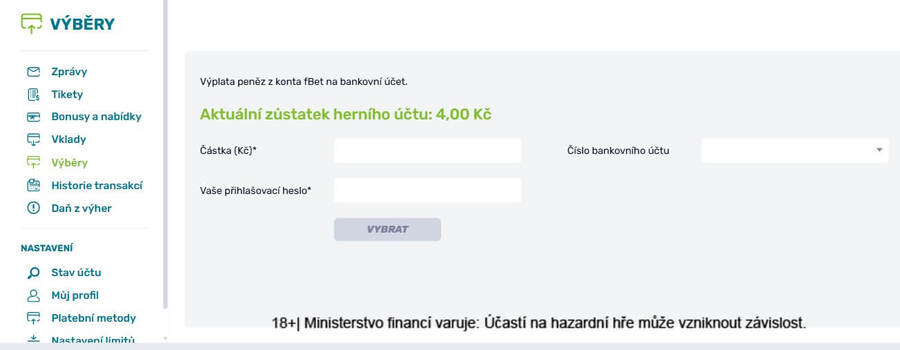 Jak vybrat peníze z&nbsp;fBET konta