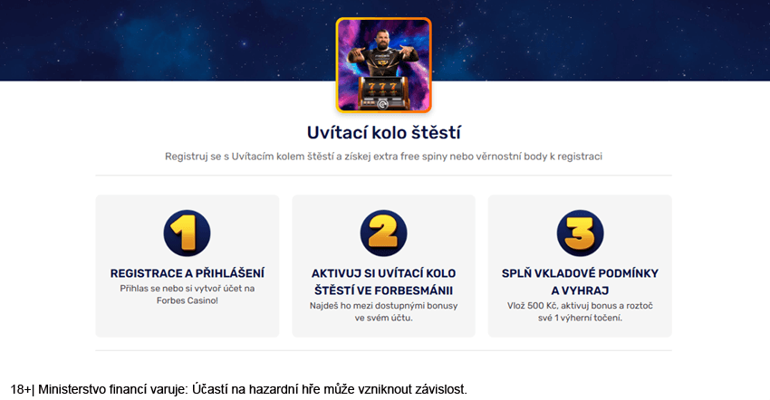 Uvítací kolo štěstí v&nbsp;online casinu Forbes přináší až 500&nbsp;Kč ve free spinech nebo 1&nbsp;000 věrnostních bodů
