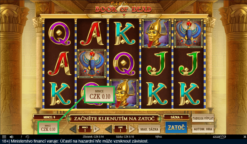 Sázka za 0,10&nbsp;Kč na Tipsport haléřovém automatu Book of Dead