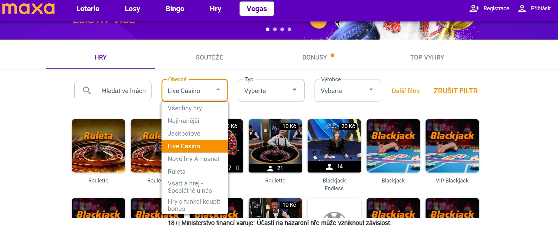 Které Live Casino hry najdu u&nbsp;Maxy?