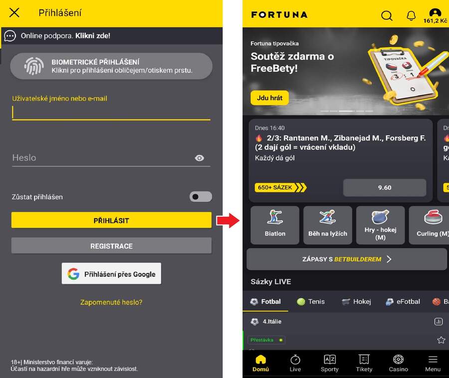 Fortuna mobilní aplikace - přihlášení