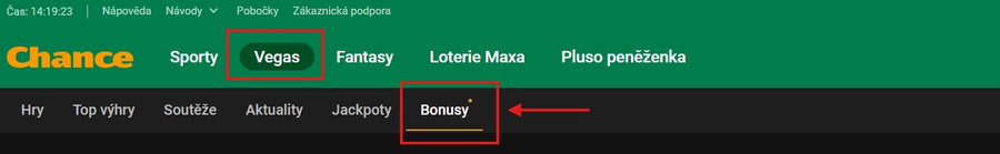 Přejděte na stránky Chance a&nbsp;běžte do sekce Bonusy