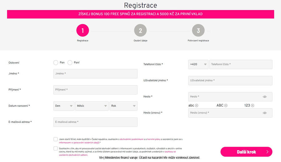 Vyplnění registračního formuláře