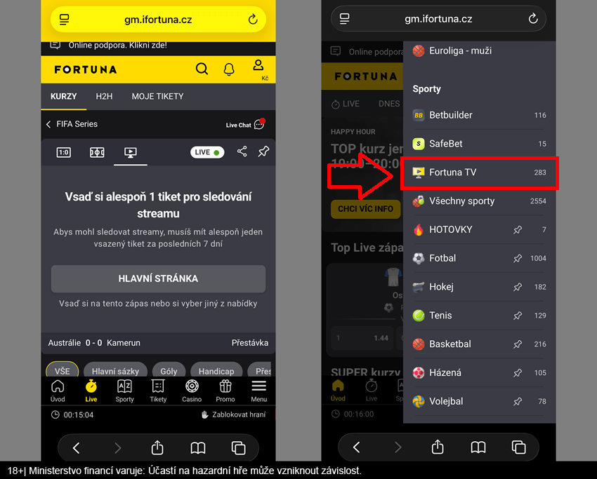 Fortuna TV můžete sledovat i&nbsp;z&nbsp;mobilního telefonu