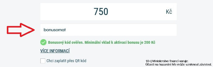 Ověřená platnost promo kódu BONUSOMAT