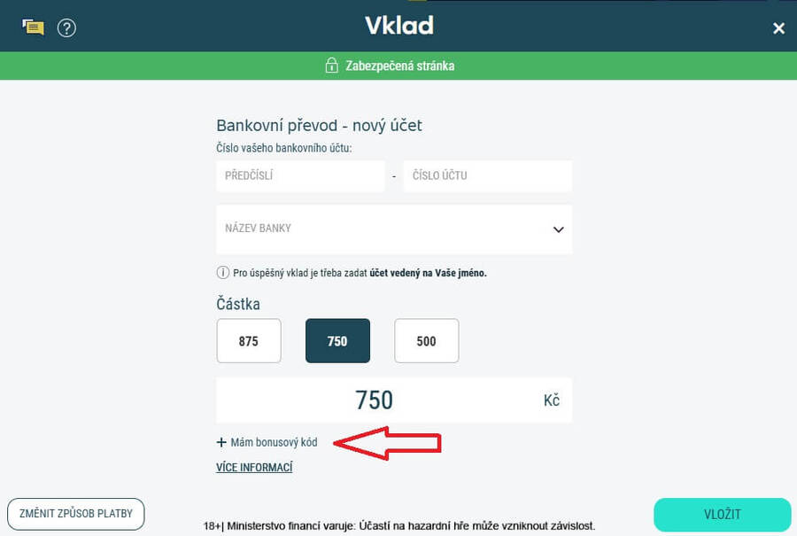 Promo kód u&nbsp;Sazka Her se vyplňuje vždy v&nbsp;sekci VKLAD
