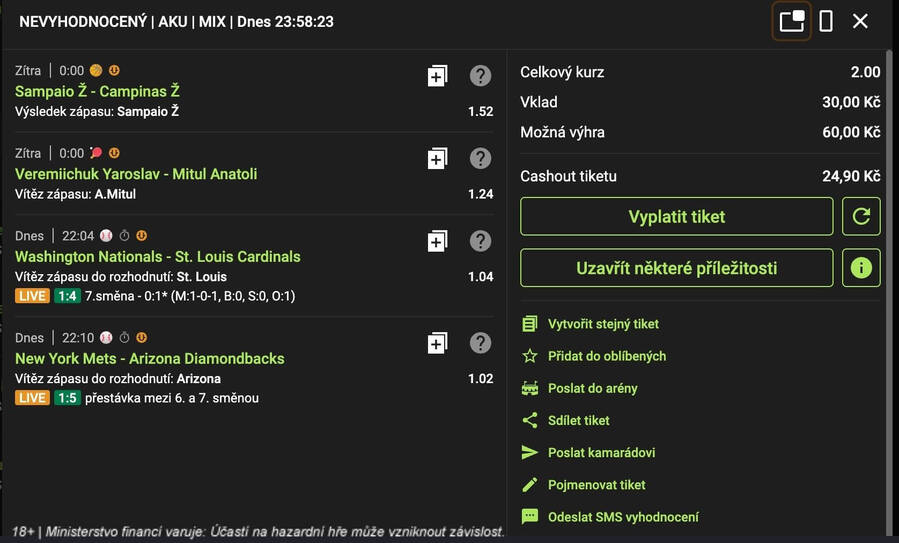 Cashout tiketu během live zápasu – nabídka výplaty tiketu