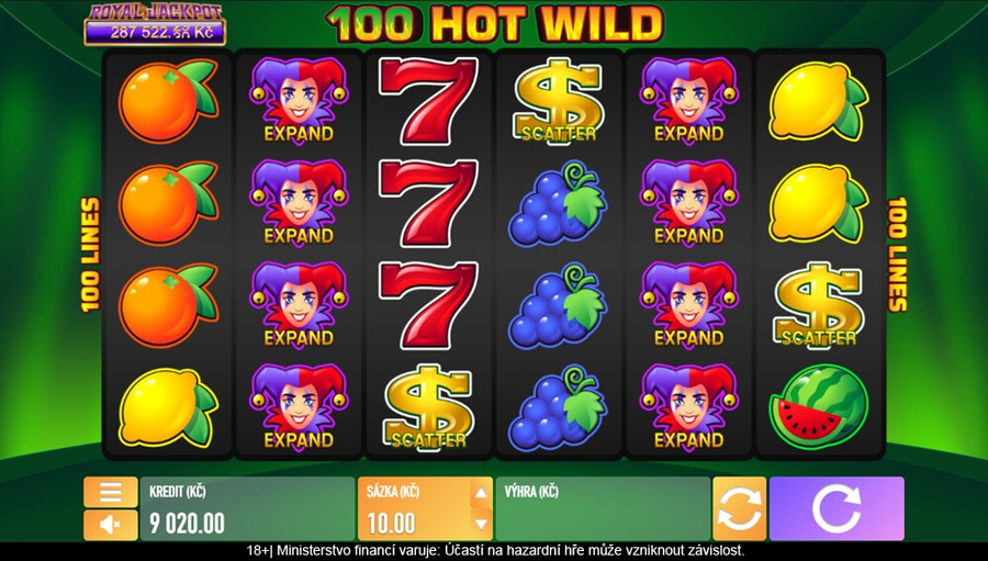 Expanding Wild se na automatu 100 Hot Wild roztáhne přes celý válec