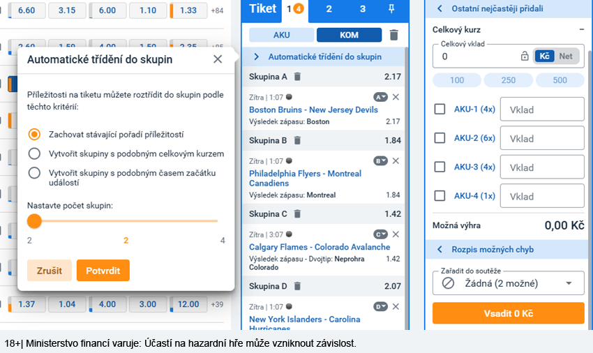 Nastavení kombinátoru na tiketu u&nbsp;Tipsportu a&nbsp;automatické třídění do skupin