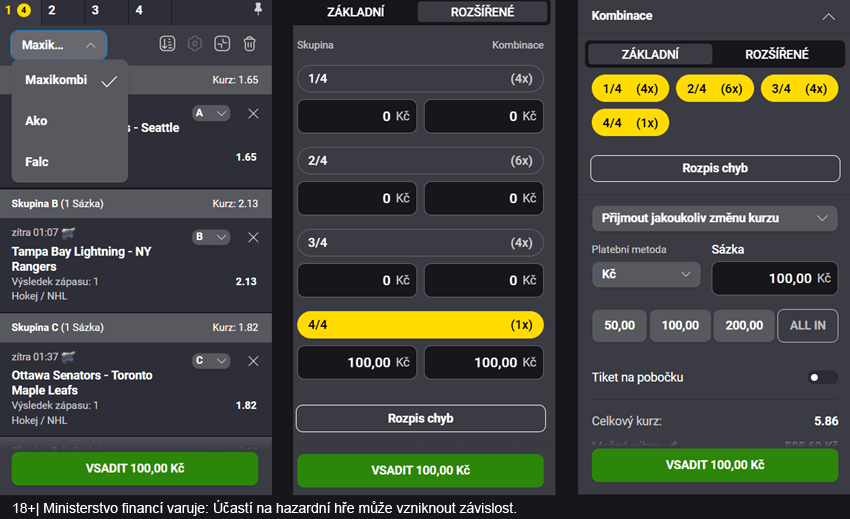 Ukázka Maxikombi tiketu u&nbsp;Fortuny se systémem 2/4 a&nbsp;rozpisem kombinací