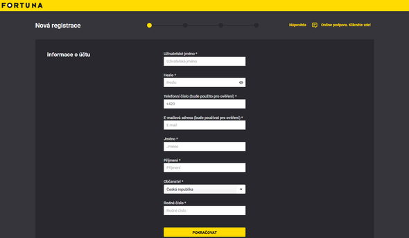 Registrační formulář u Fortuny