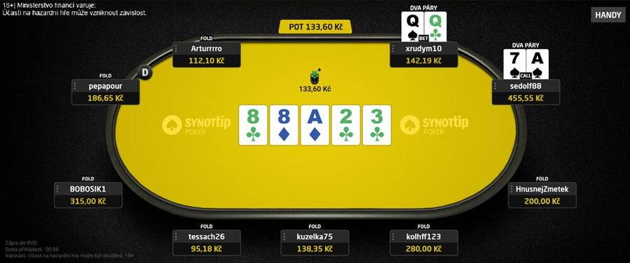 Rozehraný stůl Cash Game na SYNOT TIP Pokeru se sázkami 1 a 2 Kč
