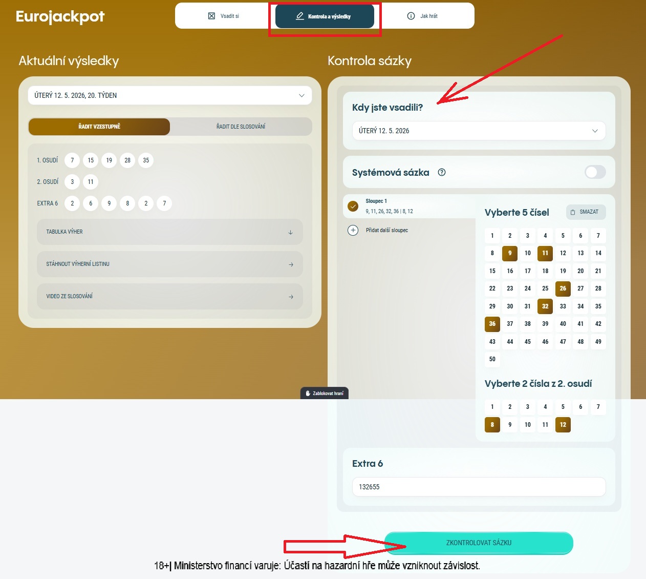 Eurojackpot - kontrola tiketu