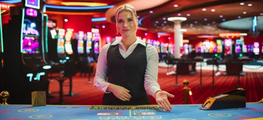 Krupiér obsluhující herní stůl v&nbsp;casinu