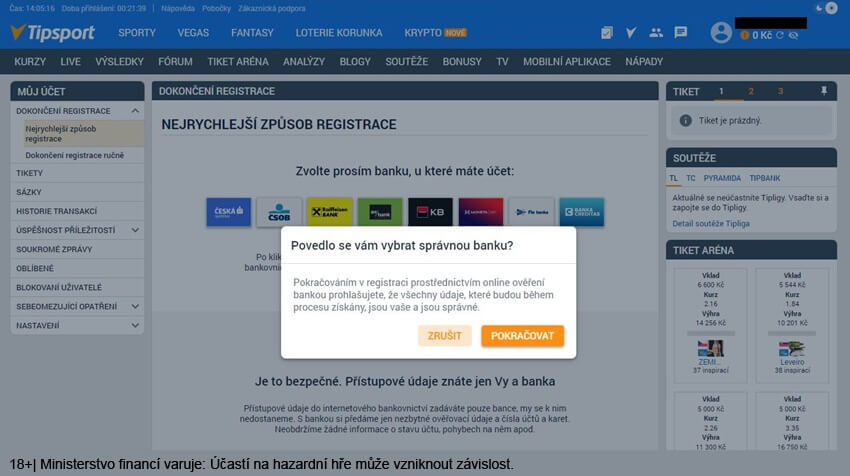Výběr bankovní instituce pro rychlou Tipsport registraci bez pobočky