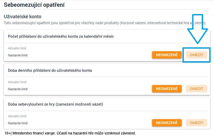 Menu herních limitů pro zodpovědné hraní na Tipsportu