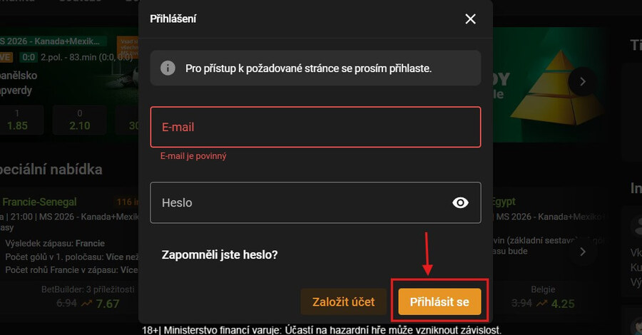Chance přihlášení lze provést po registraci