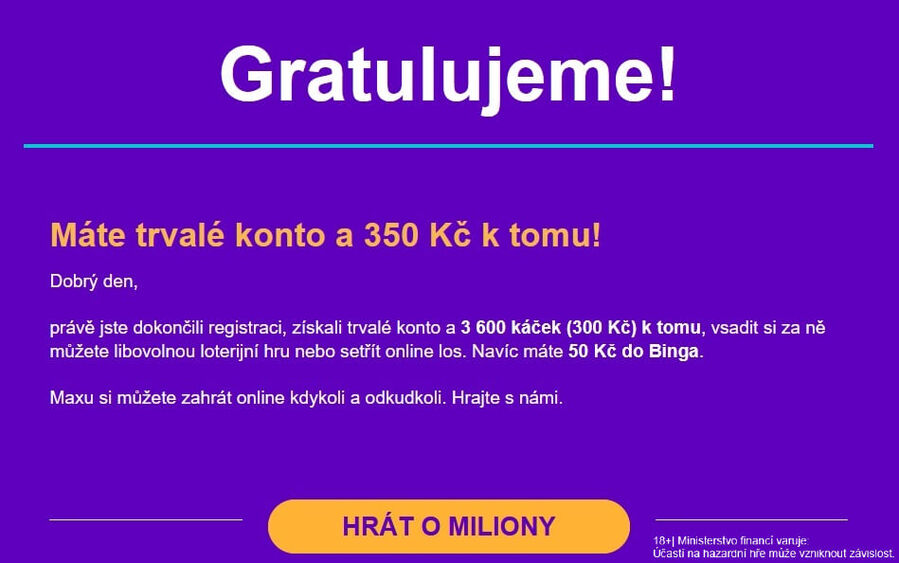 Na e-mail vám přijde také zpráva o&nbsp;připsání bonusů za registraci