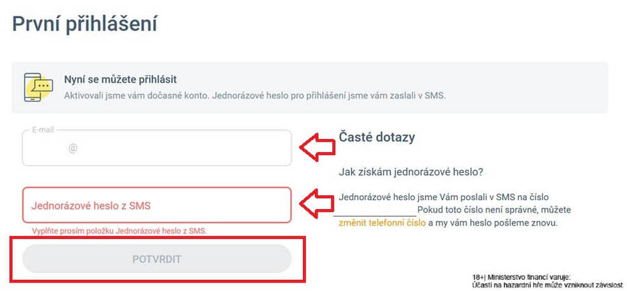 4. krok: opište jednorázové heslo, které vám přišlo v&nbsp;SMS