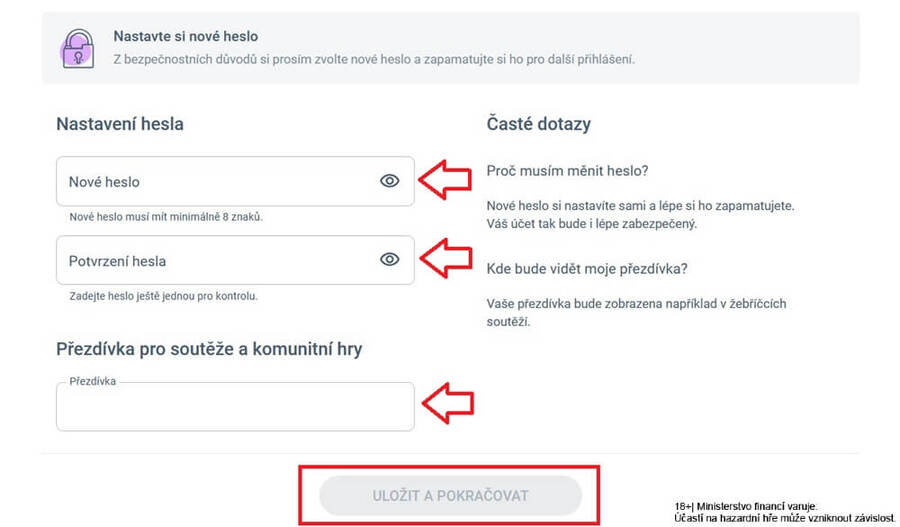 5. krok: nastavte nové heslo, potvrďte ho a&nbsp;zvolte si přezdívku