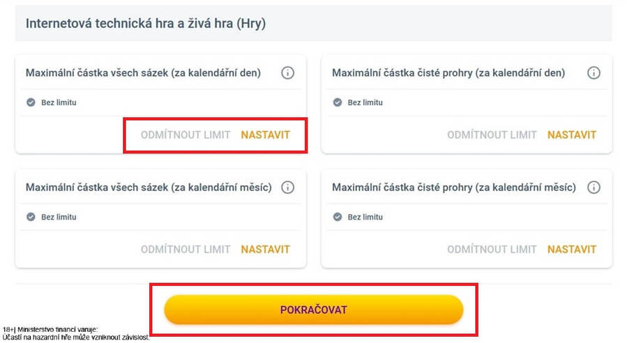 8. krok: nastavte si herní limity