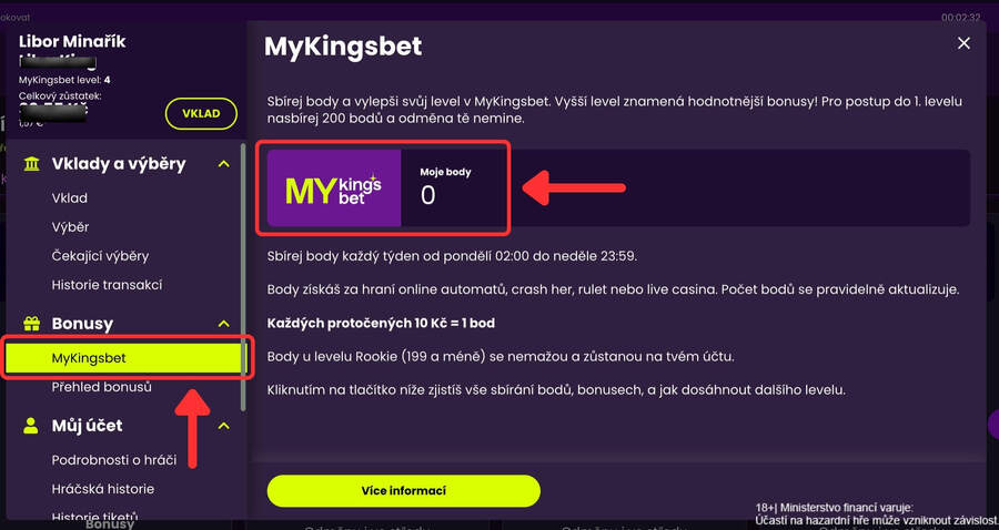 Přehled bodů a&nbsp;levelu v&nbsp;programu MyKingsbet