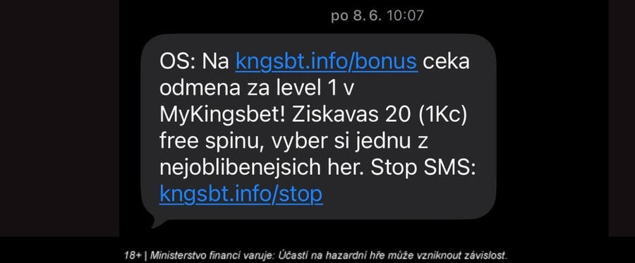 SMS zpráva o&nbsp;získání 20 free spinů v&nbsp;programu MyKingsbet