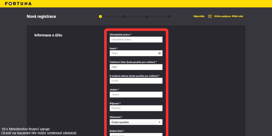 Registrační formulář pro založení Fortuna účtu