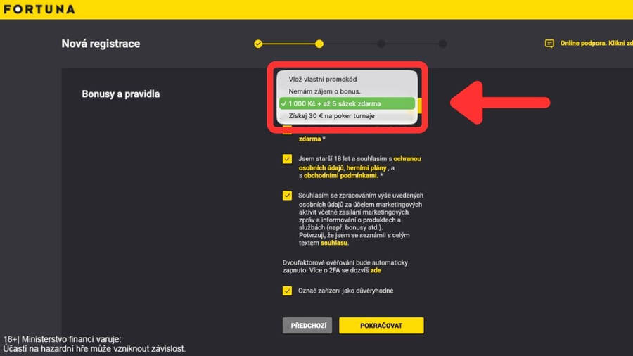 Výběr uvítacího bonusu během Fortuna registrace