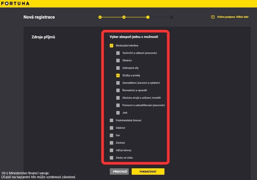 Výběr zdroje příjmů během registrace u&nbsp;Fortuny