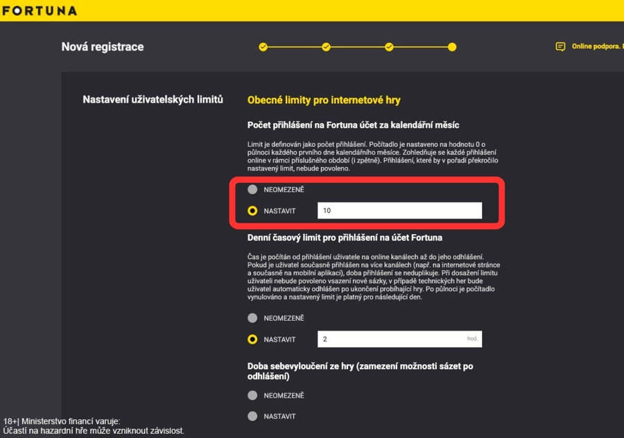 Nastavení herních limitů v&nbsp;online casinu Fortuna