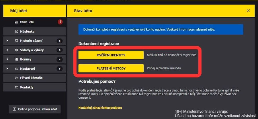 Ověření e-mailu a&nbsp;telefonního čísla u&nbsp;Fortuny