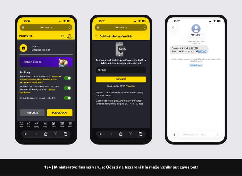 Ověření telefonního čísla během registrace u&nbsp;Fortuny