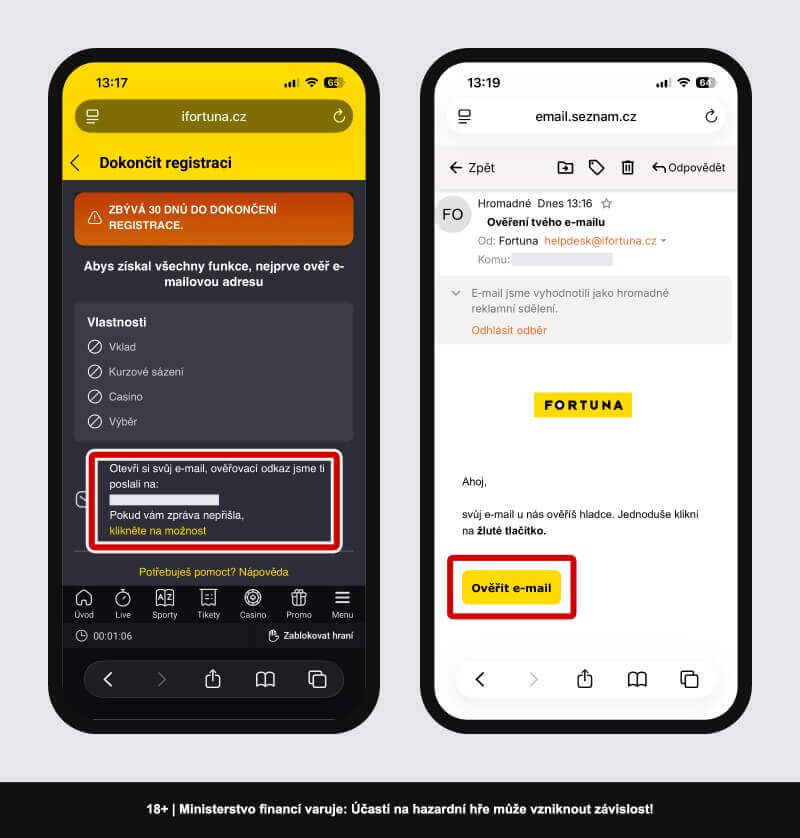 Ověření e-mailové adresy během registrace u&nbsp;Fortuny