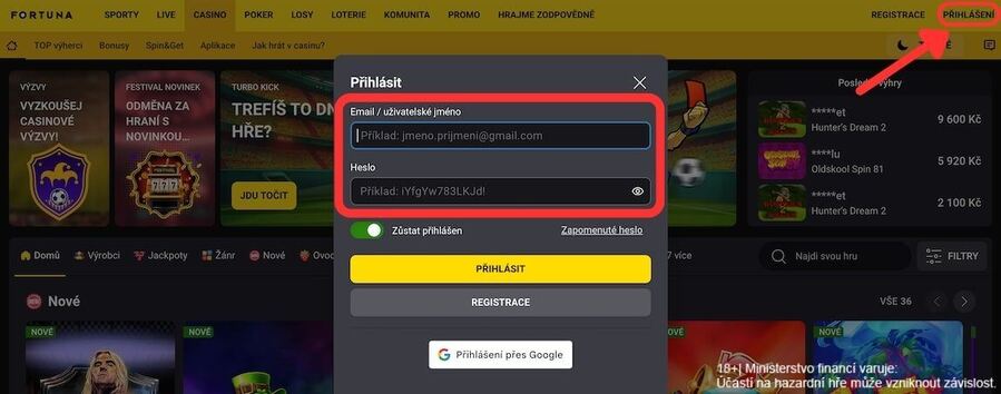 Fortuna přihlášení do online casina