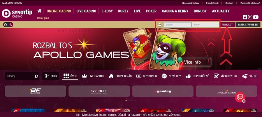 SYNOT TIP casino přihlášení