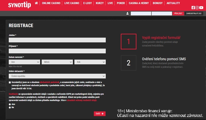 SYNOT TIP casino registrace ručně